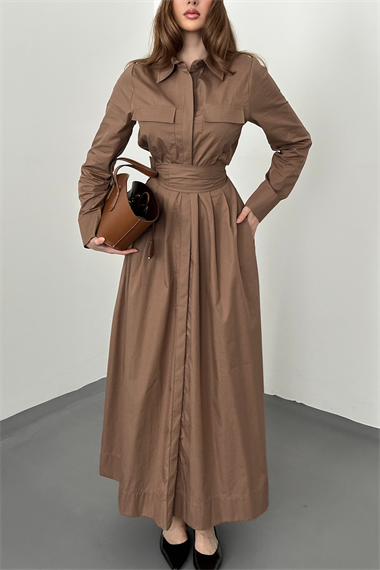 Kahverengi Düğmeli Poplin Elbise