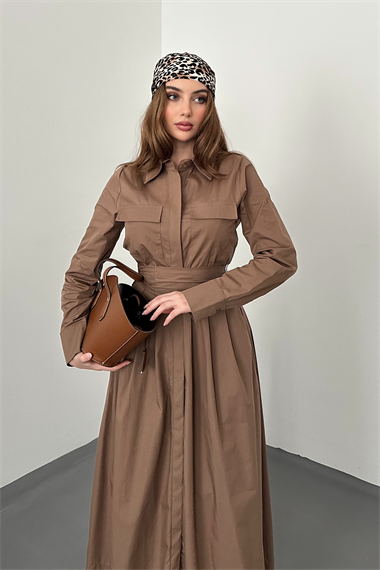 Kahverengi Düğmeli Poplin Elbise