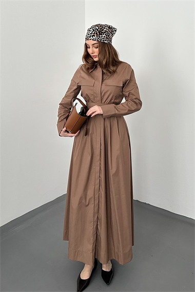 Kahverengi Düğmeli Poplin Elbise