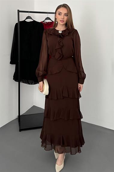Kahverengi Fırfırlı Etekli Şifon Takım