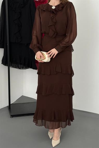 Kahverengi Fırfırlı Etekli Şifon Takım