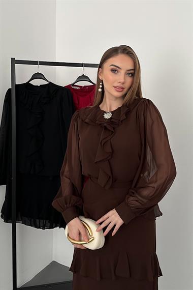 Kahverengi Fırfırlı Etekli Şifon Takım