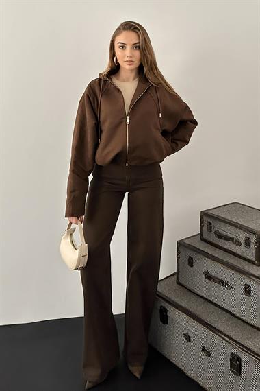 Kahverengi Kapüşonlu Bomber Süet Ceket