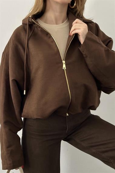 Kahverengi Kapüşonlu Bomber Süet Ceket