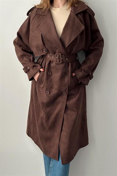 Kahverengi Kruvaze Yaka Kuşak Detaylı Süet Trençkot
