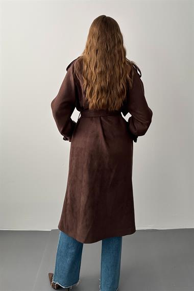 Kahverengi Kruvaze Yaka Kuşak Detaylı Süet Trençkot