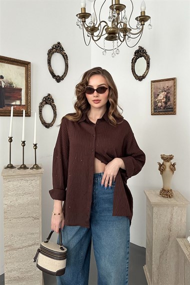 Kahverengi Nakışlı Oversize Gömlek