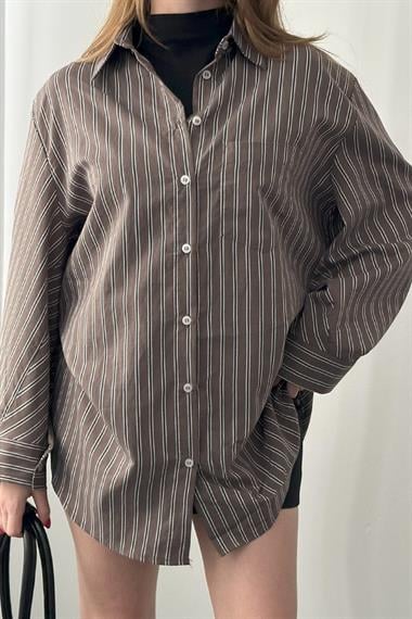 Kahverengi Oversize Kalıp Çizgili Gömlek