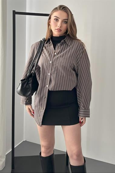 Kahverengi Oversize Kalıp Çizgili Gömlek