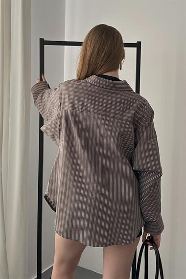 Kahverengi Oversize Kalıp Çizgili Gömlek