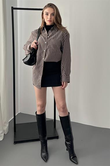 Kahverengi Oversize Kalıp Çizgili Gömlek