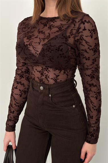 Kahverengi Transparan Bluz