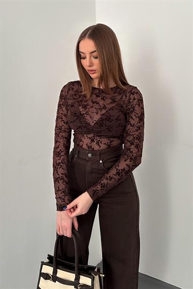 Kahverengi Transparan Bluz