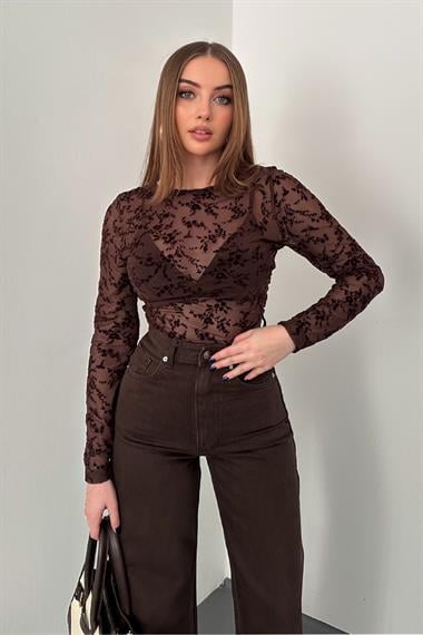 Kahverengi Transparan Bluz