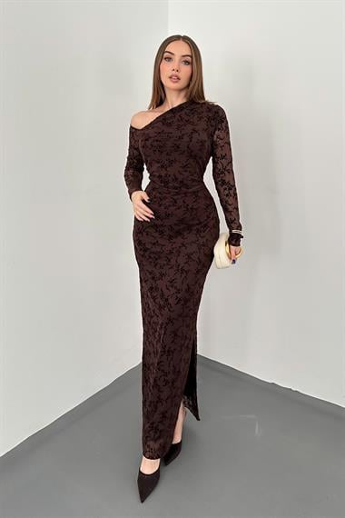 Kahverengi Transparan Elbise