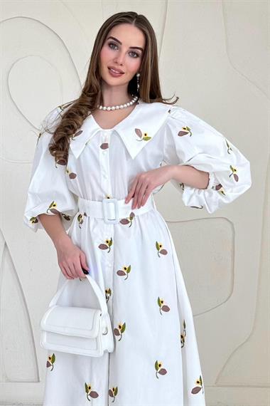 Kahverengi Yakası Çiçek Motifli Kemerli Elbise