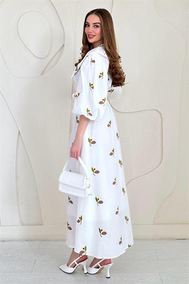 Kahverengi Yakası Çiçek Motifli Kemerli Elbise