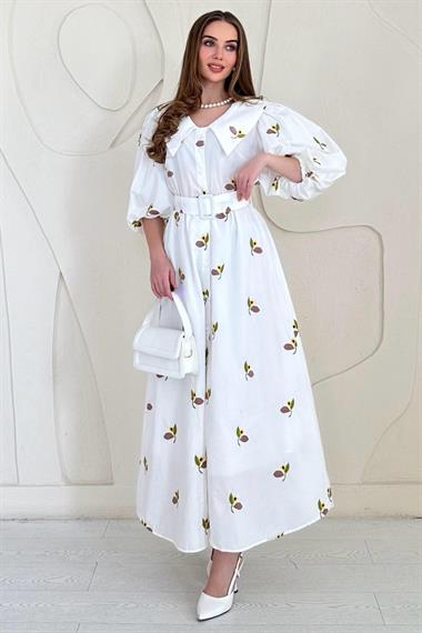 Kahverengi Yakası Çiçek Motifli Kemerli Elbise