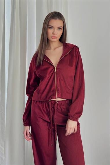 Bordo Kapüşonlu İnce Kadife Takım