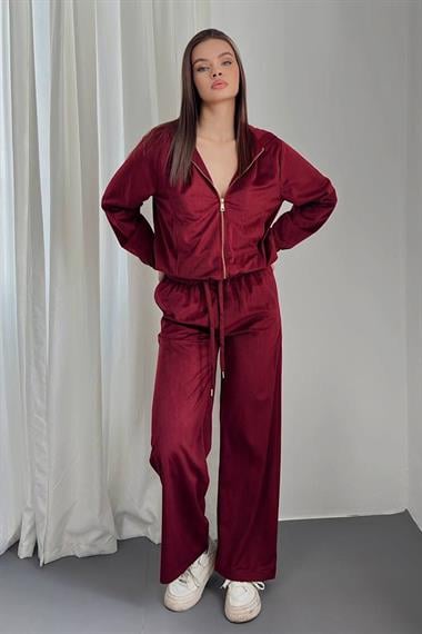 Bordo Kapüşonlu İnce Kadife Takım