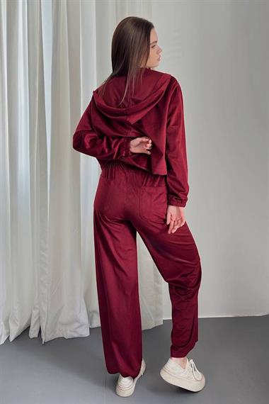 Bordo Kapüşonlu İnce Kadife Takım