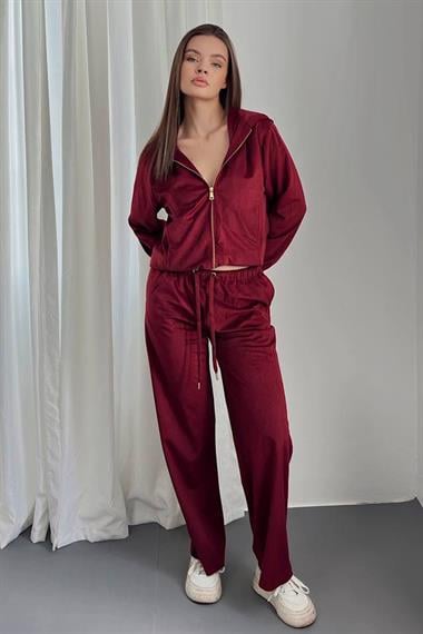 Bordo Kapüşonlu İnce Kadife Takım