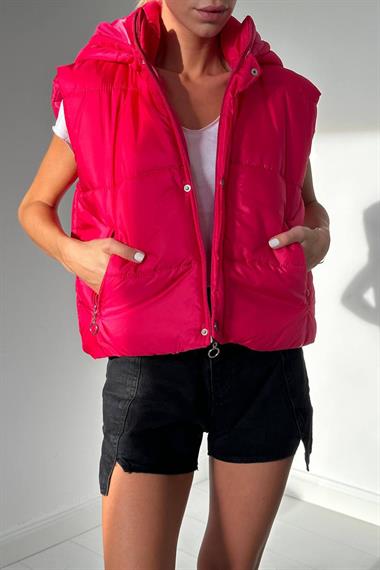 Fuşya Kapüşonlu Şişme Yelek