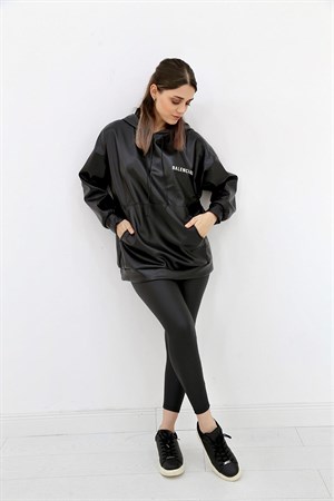 Hooded Text Printed Leather Sweatshirt