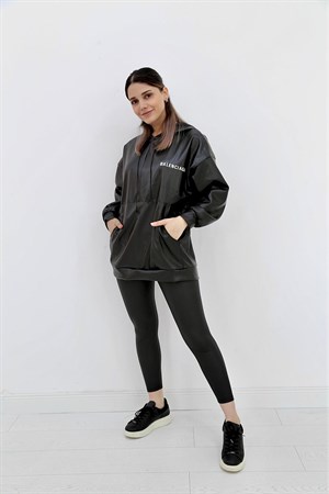Hooded Text Printed Leather Sweatshirt
