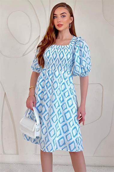 Mavi Kare Desenli Yazlık Elbise