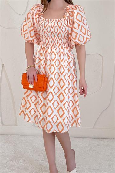 Turuncu Kare Desenli Yazlık Elbise