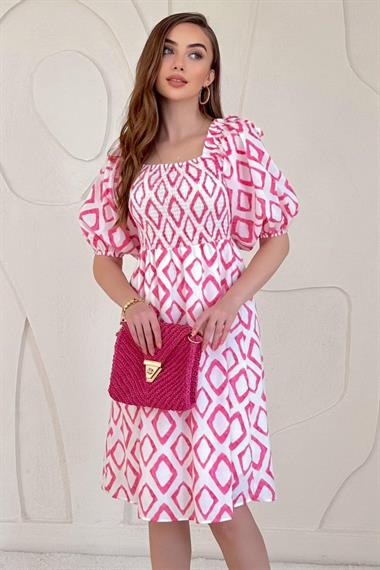 Pembe Kare Desenli Yazlık Elbise