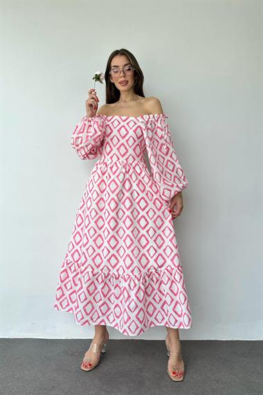 Pembe Kare Yaka Diamond Desenli Elbise