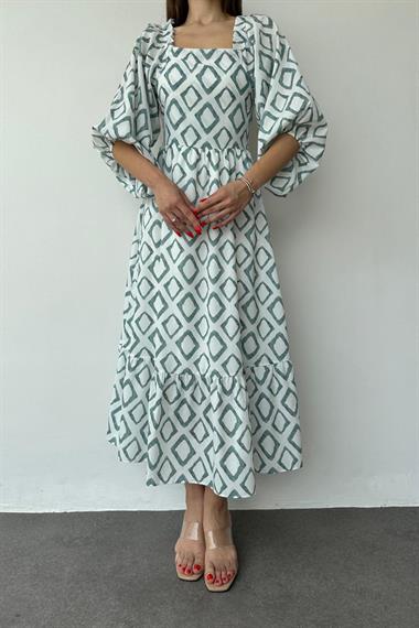 Yeşil Kare Yaka Diamond Desenli Elbise