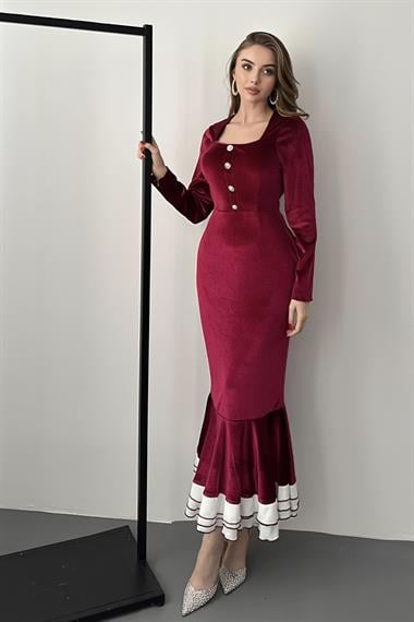 Bordo Kare Yaka Eteği Volanlı Kadife Elbise