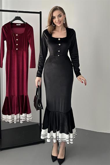 Siyah Kare Yaka Eteği Volanlı Kadife Elbise