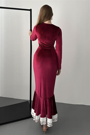 Bordo Kare Yaka Eteği Volanlı Kadife Elbise