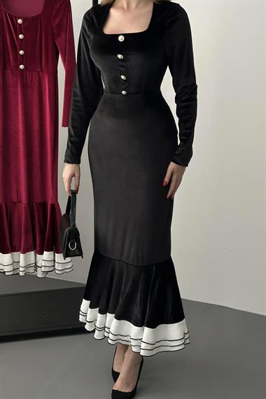 Siyah Kare Yaka Eteği Volanlı Kadife Elbise