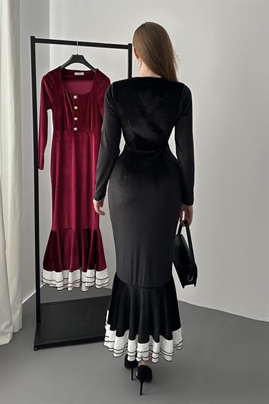 Siyah Kare Yaka Eteği Volanlı Kadife Elbise