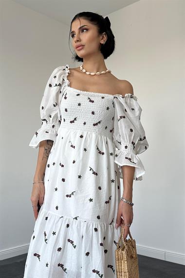 Kahverengi Kare Yaka Vual Elbise