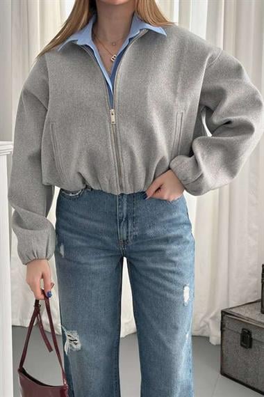 Gri Kaşe Kadın Bomber Ceket Bej