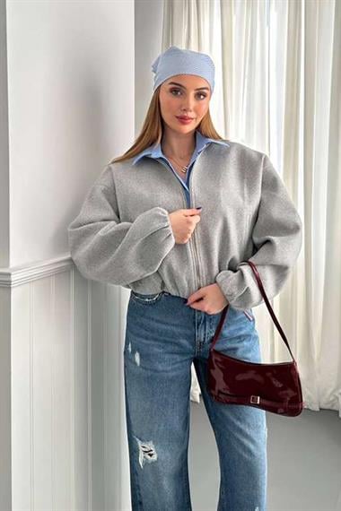 Gri Kaşe Kadın Bomber Ceket Bej
