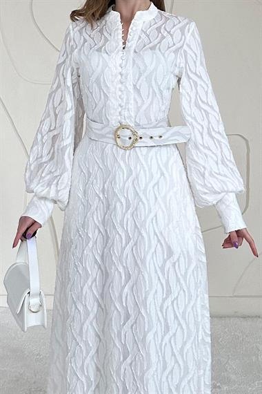 Ekru Kemer Detaylı Astarlı Elbise