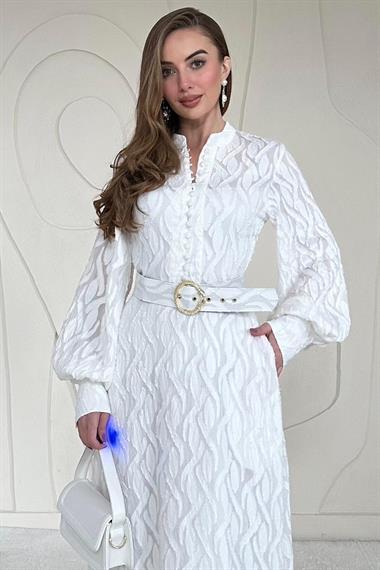 Ekru Kemer Detaylı Astarlı Elbise