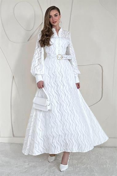 Ekru Kemer Detaylı Astarlı Elbise