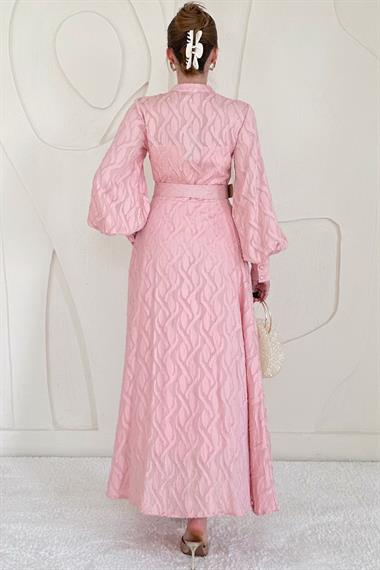 Pudra Kemer Detaylı Astarlı Elbise