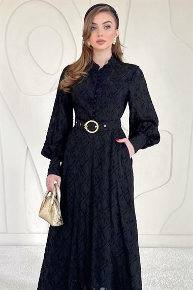 Siyah Kemer Detaylı Astarlı Elbise