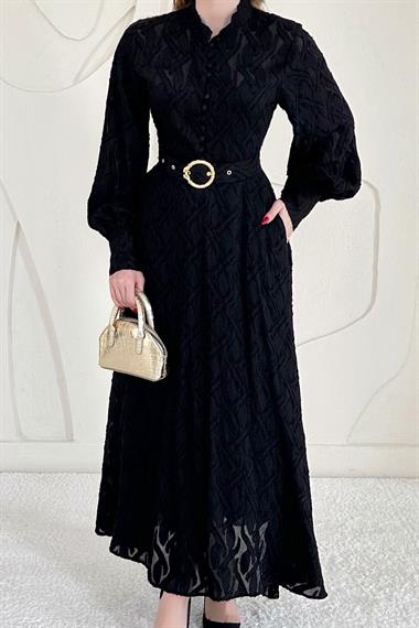 Siyah Kemer Detaylı Astarlı Elbise