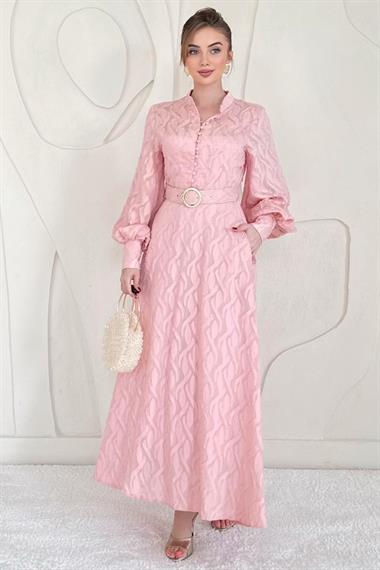 Pudra Kemer Detaylı Astarlı Elbise