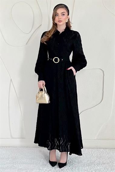 Siyah Kemer Detaylı Astarlı Elbise